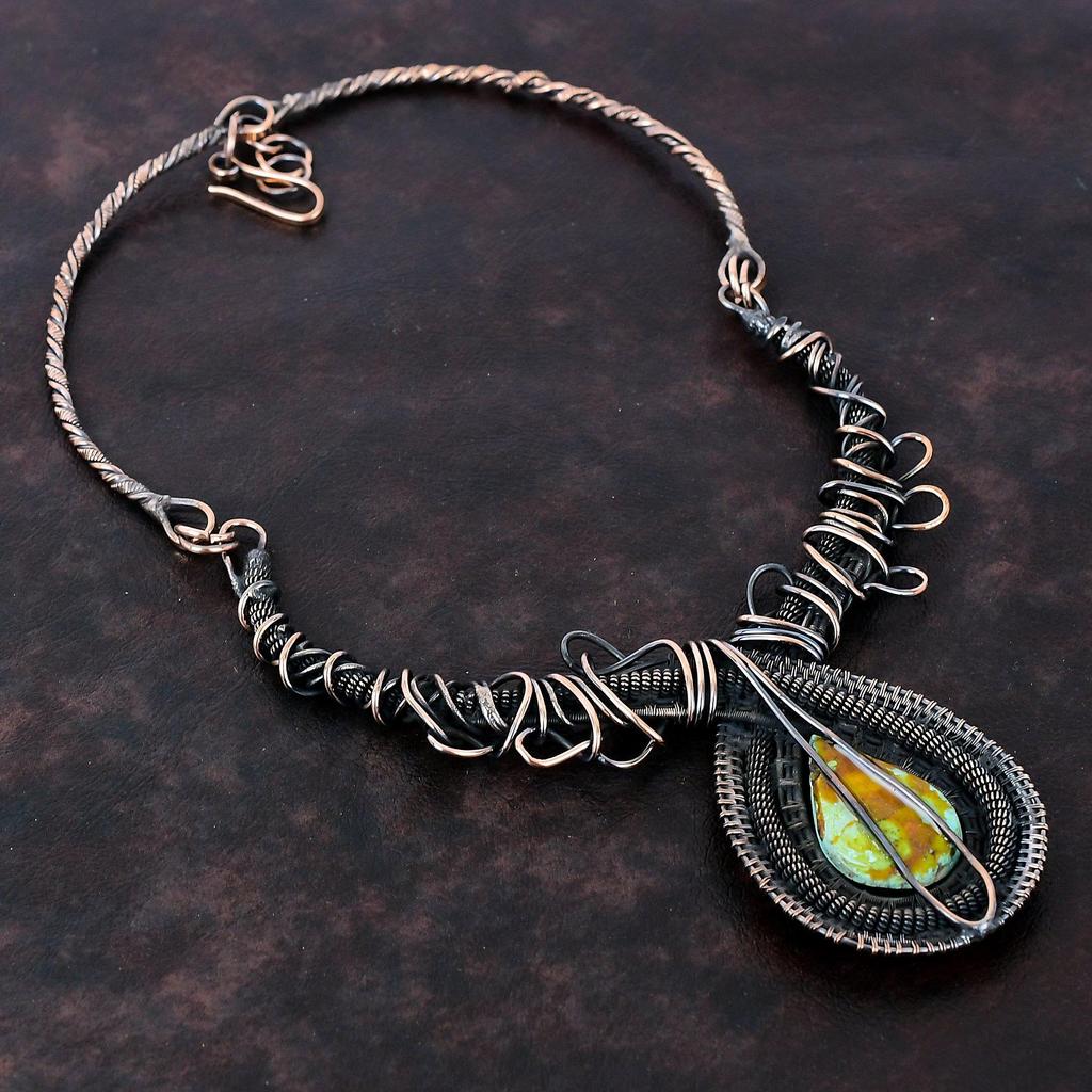 Naszyjnik z turkusu tybetańskiego Naszyjnik owinięty drutem miedzianym Regulowany naszyjnik Cudowna biżuteria miedziana Ręcznie robiony naszyjnik z kamieni szlachetnych Prezent ślubny