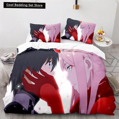 Darling In the Franxx Zestaw poszewek na kołdrę z poszewkami na poduszki Poliester Zestaw pościeli dla nastolatków i dzieci Rozmiar: Pełny, Queen, King Pościel