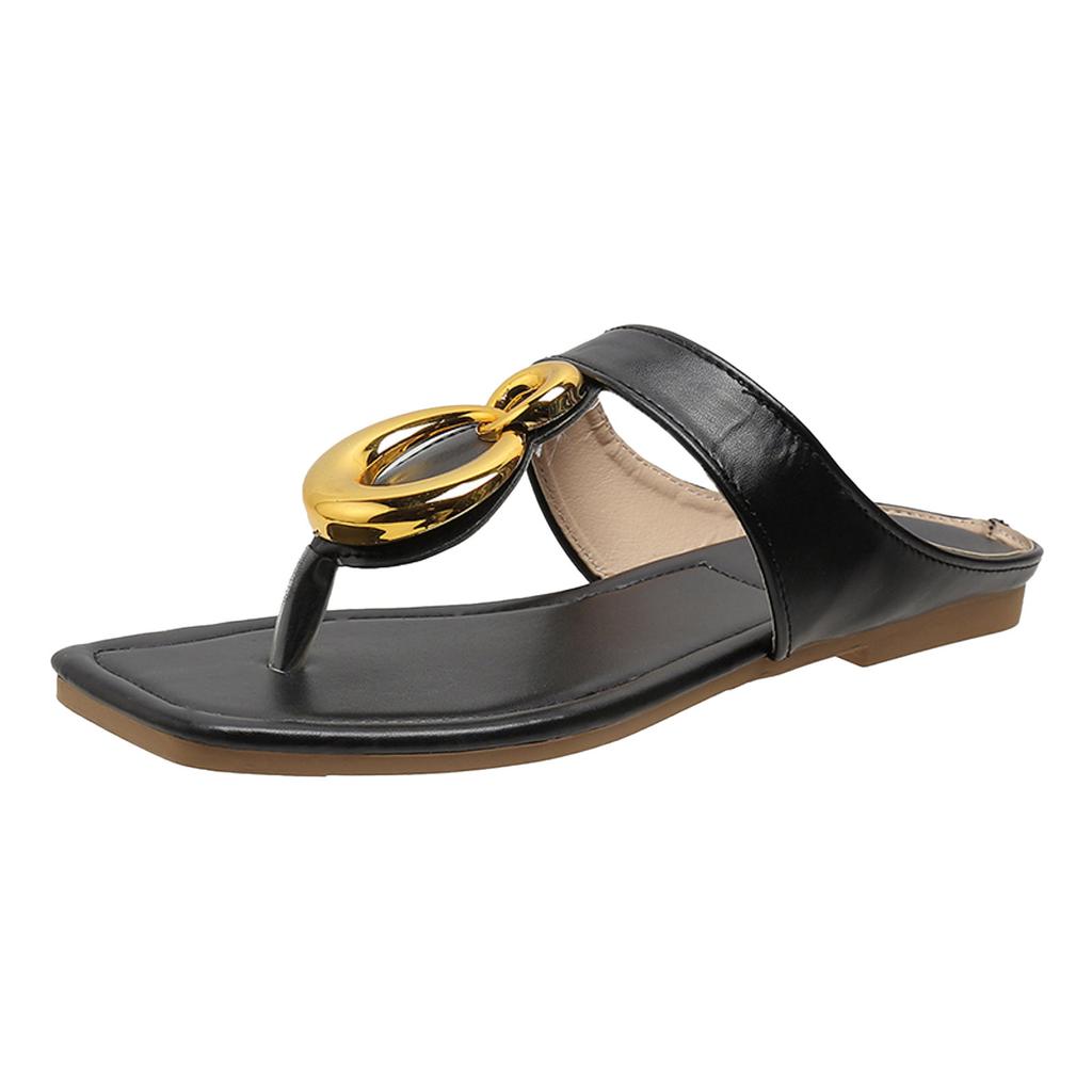 Womens Slippers Size 12 Ladies Fashion Summer Solid Leather Surface Metal Open Toe Flat Bottom Beach Slippers Zapatos De Mujer