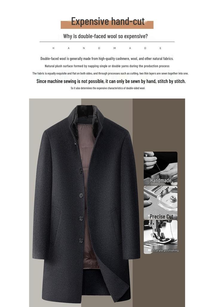 Men's Double-Sided Wool Coat with Detachable Down Liner and Stand Collar
