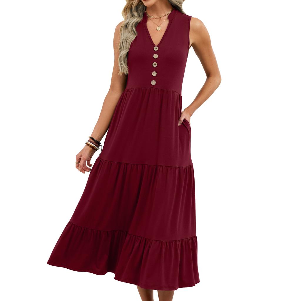 European Style Spring and Summer Solid Color V-Neck Button Casual Sleeveless Tank Maxi Dress