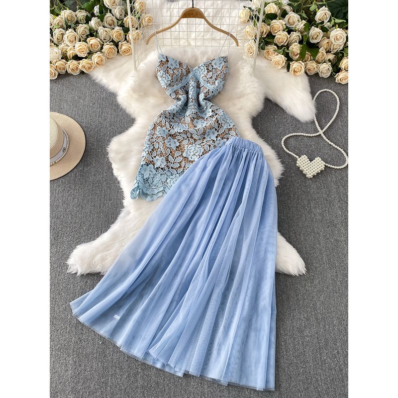 High-End Temperament Water Soluble Lace Sling Short Dress Two-piece Set High Waist Slimming Elegant Mesh Skirt