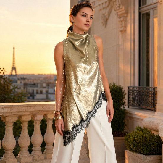 Women Tops Sleeveless Half High Collar Loose Fit Baggy Shirt Irregular Lace Splicing S золотистый