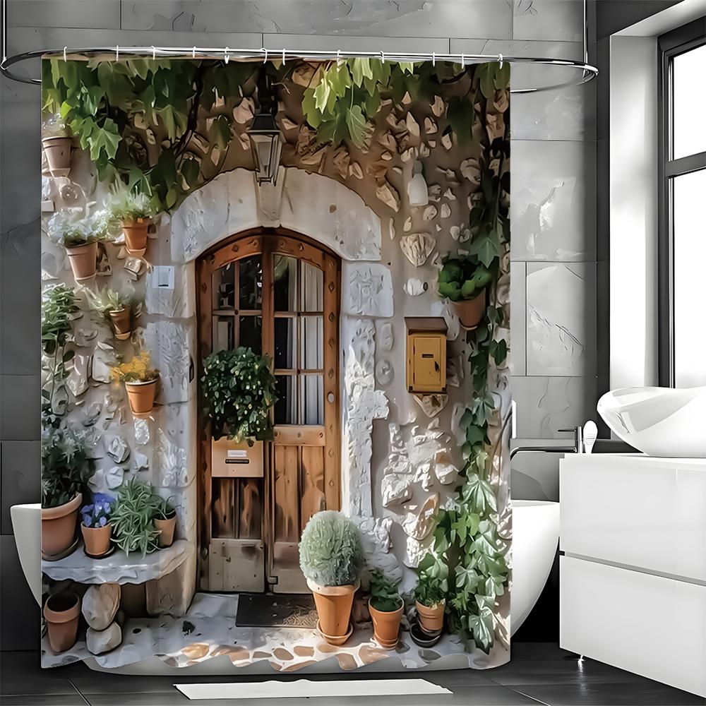 Vintage Garden Wooden Door Potting Stone Wall European Street Shower Curtain, Bathroom Decorative Shower Curtain, Waterproof Sho