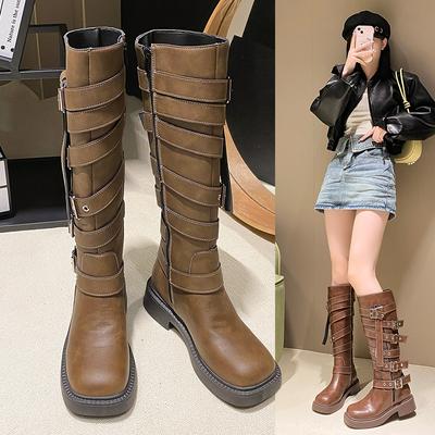 Mode Nouveau Maillard Punk Bottes Hautes au Genou à Boucles Mode Larges Sangles avec Boucles Métalliques Style Wasteland Chaussures de Moto