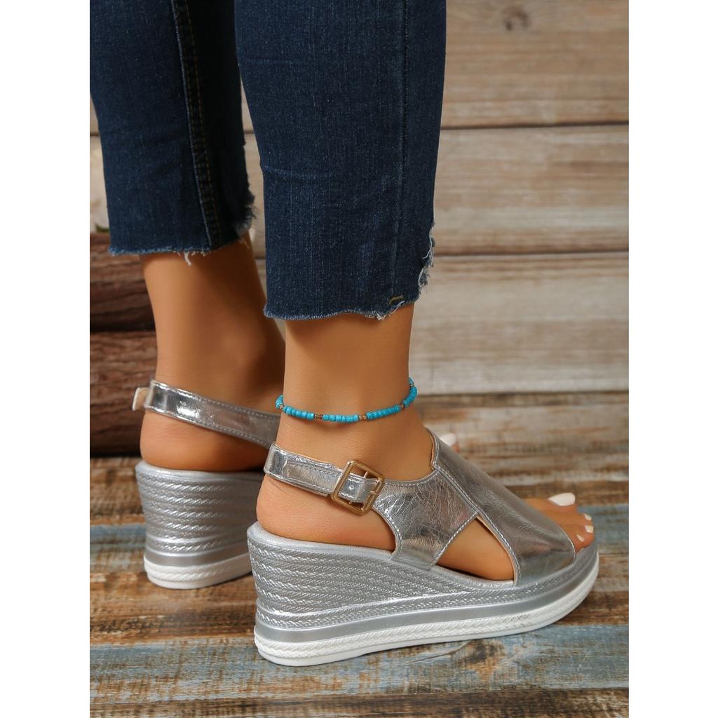 New Summer Wedge Platform Sandals - Women’s Plus Size Hollow Out Shiny Buckle Thick Sole Shoes