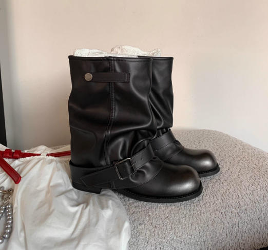 Genuine Leather~ Inner Height Increase Western Cowboy Pile Boots Women's 2025 Autumn Pleated Trousers Short Boots Retro Knight Martin Boots