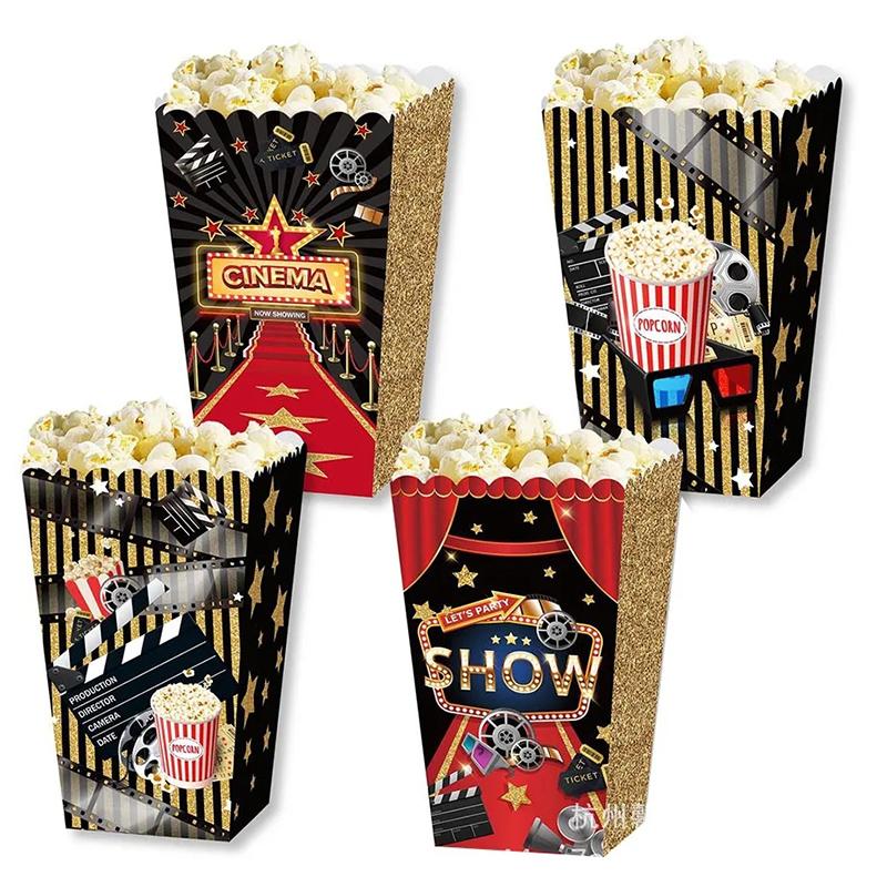 4/8Pcs Movie Night Party Popcorn Box Cinema Party Paper Popcorn Snack Buckets Trays Movie Themed Birthday Decoration Supplies