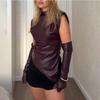 PU-Leder Tanktop Damen Asymmetrisch Raffiniert Sexy Stehkragen Plissiertes T-Shirt 2026 Frühling Neues Top Weste Camisole