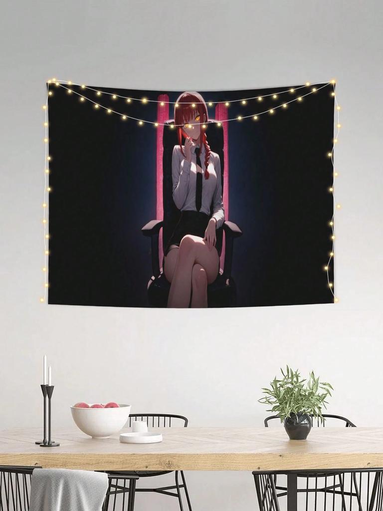 Mysterious RedHaired Anime Girl Tapestry Moody Neon Pink Backlit Throne Scene For Edgy Bedroom Decor Anime Enthusiasts