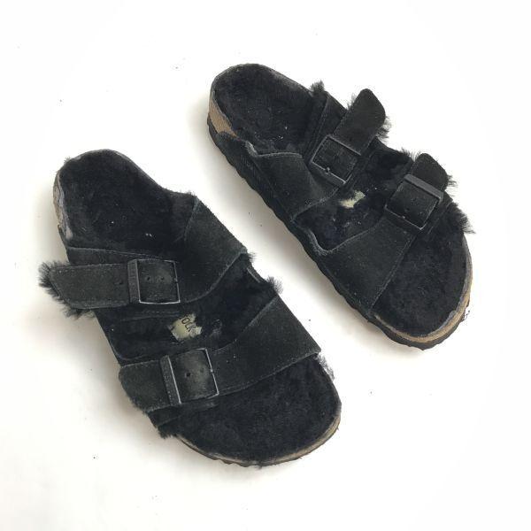 BIRKENSTOCK Arizona Flat Sandals 36 Size 23.0 Black Fleece Lining Made in Germany Shoes Trainers(USED)