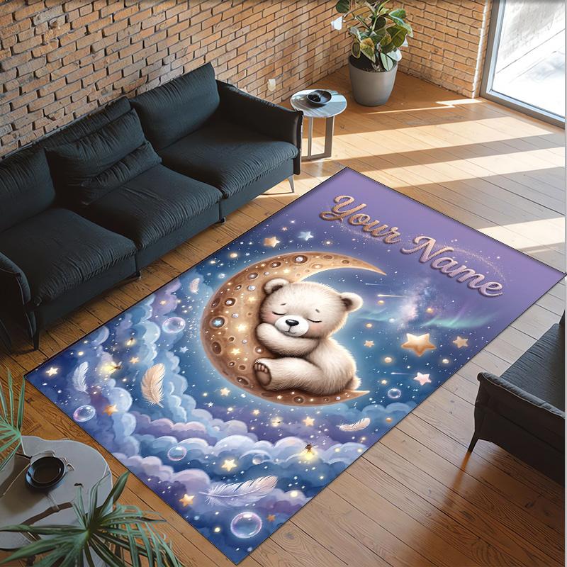 Teddy Bear Theme Crystal Velvet Rug Personalized Custom Name Text Soft Floor Mat Home Decor