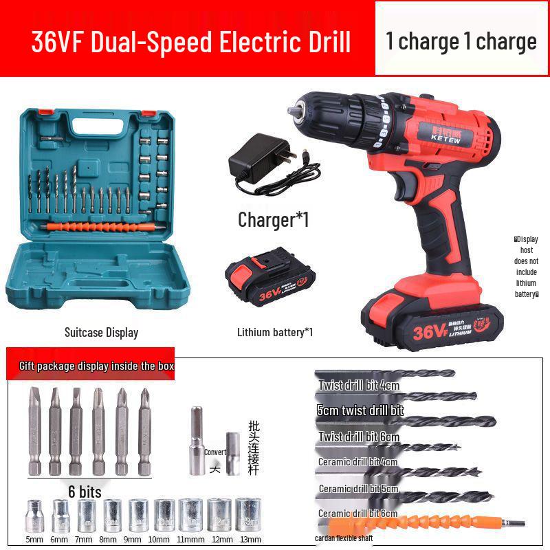 Cordless Double Speed Electric Drill with Rechargeable Lithium Battery and Impact Function