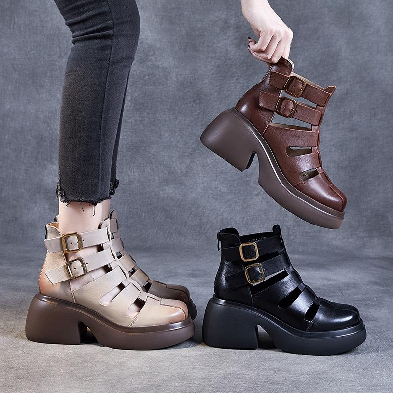First Layer Cowhide Cool Boots Women's Summer 2025 New Retro Brock Roman Boots Net Boots Platform Sandals Women
