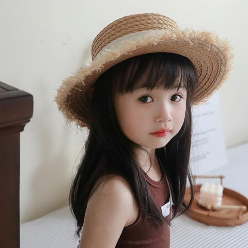 Girl's Sun Hat Summer Travel Kids Sunshade Hat Hairy Straw Hat Decorated With Bowknot