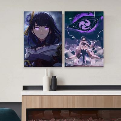 Rama z litego drewna plakat z gry Genshin Impact plakat generał Raiden plakaty Anime płótno malarstwo dekoracje ścienne plakaty Wall Art Picture Home Decor