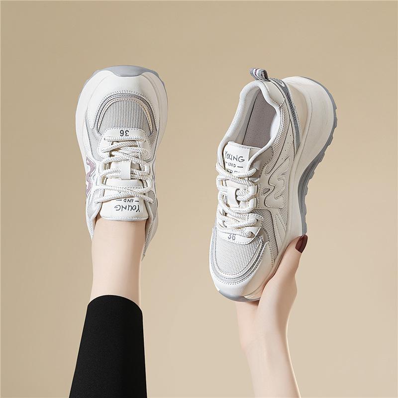 Genuine leather waffle Forrest Gump women's spring and summer new versatile mesh breathable dad shoes lightweight platform sneakers