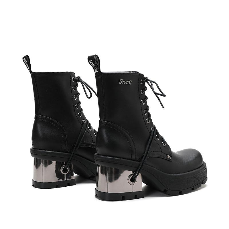 2026 Dark Locomotive Short Boots Thick-soled Thick Heel Retro Punk Lace-up Metal High-heeled Lace-up Women's Boots