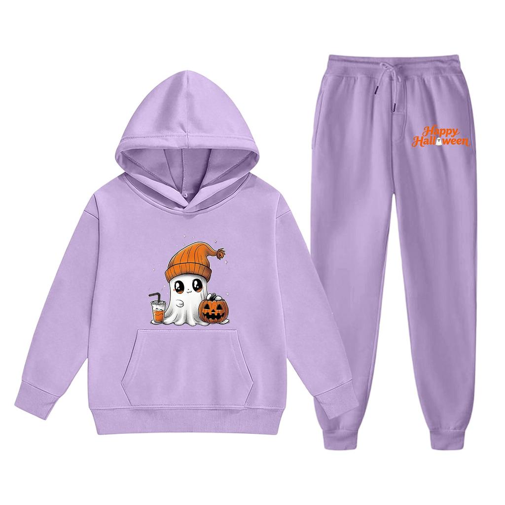 Kids Halloween Hoodie Set Long Sleeve Pullover Top and Pants with Ghost Pumpkin Print Comfortable Fit for Boys and Girls