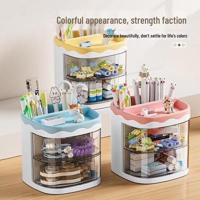 Porte-stylo rotatif de dessin animé avec tiroirs transparents - Organisateur de bureau multifonctionnel