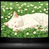 2D Adorable Sleeping Cat in Flower Garden Tapestry Green Grassland Art Wall Decor Cloth for Home & Bedroom