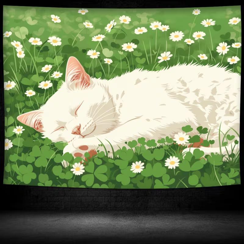 2D Adorable Sleeping Cat in Flower Garden Tapestry Green Grassland Art Wall Decor Cloth for Home & Bedroom