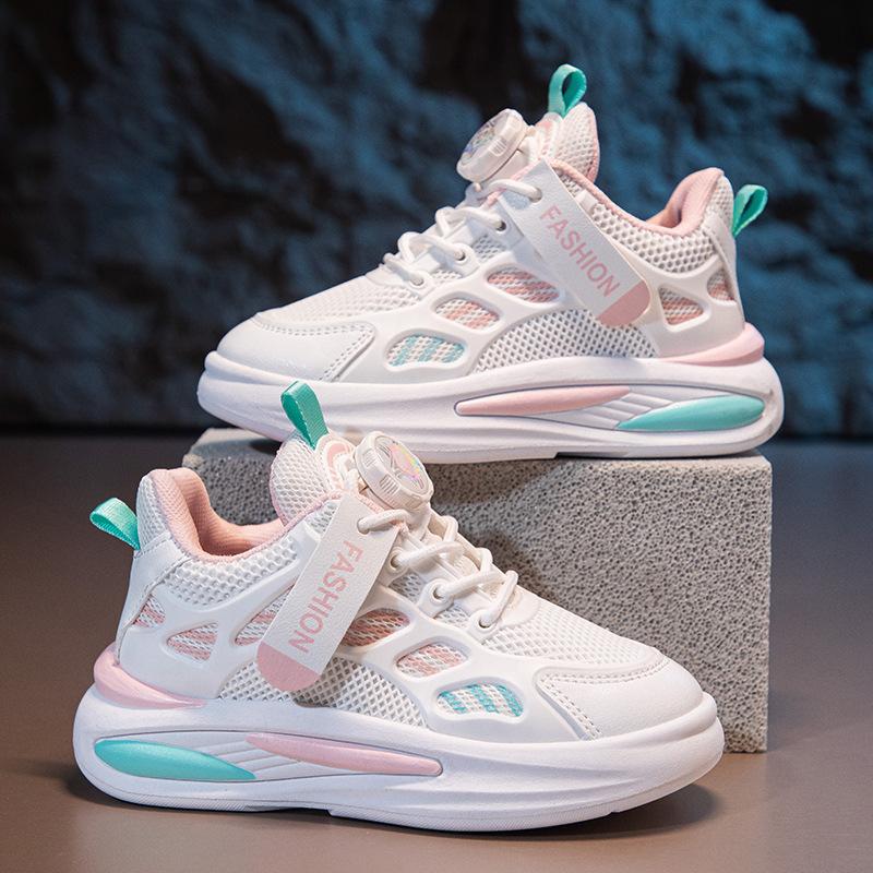 Children's breathable mesh shoes spring and autumn new boys and girls soft-soled dad shoes medium and older children's rotating button casual shoes