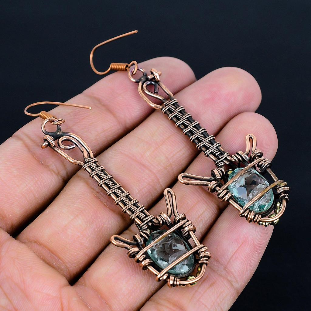 Aqua Apatite Earrings, 999 Copper Wire Wrapped Earrings Handmade Gemstone Jewelry, Gifts For Wife Brand New Earrings