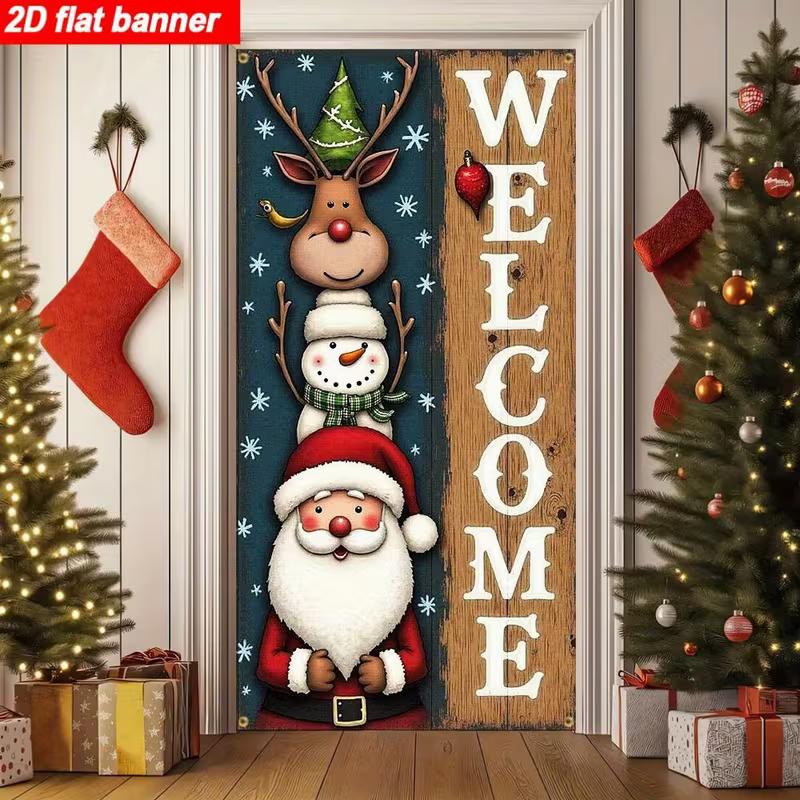 2D Christmas Rustic Welcome Door Banner, Santa Snowman Reindeer Backdrop