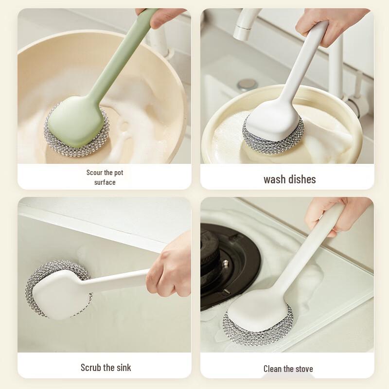 Dongxi Long Handle Stainless Steel Pot Brush with Steel Wire Scrubber