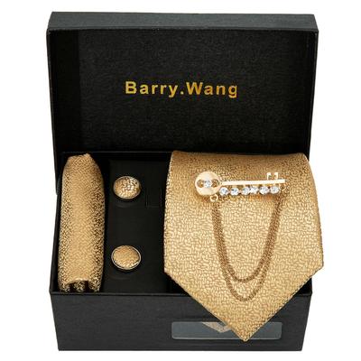 Champagne Gold Tie Hanky Cufflinks Brooch Pin with Gift Box for Men Formal Necktie Set