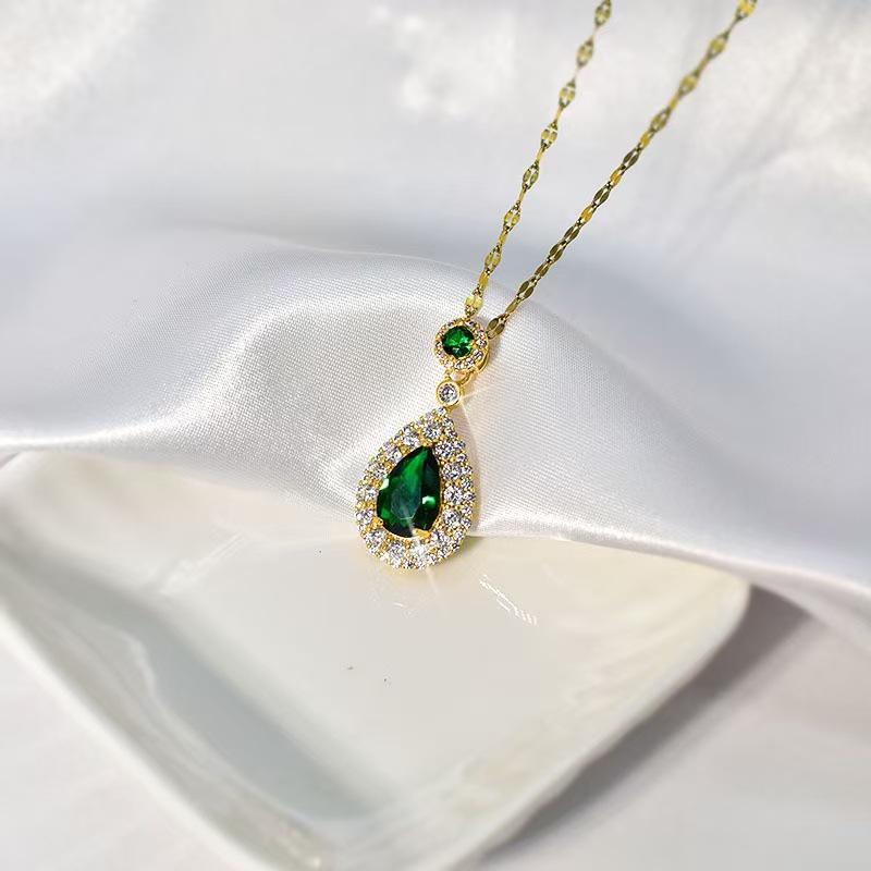Zelený a červený náhrdelník v tvare kvapky vody pre ženy, Elegantný a jednoduchý prívesok s mikropavé výsadbou, Všestranný na živé vysielanie.