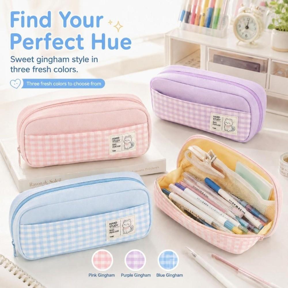 Gingham Check Pencil Case Pastel Color Pencil Pouch Portable Stationery Storage Bag  Back To School