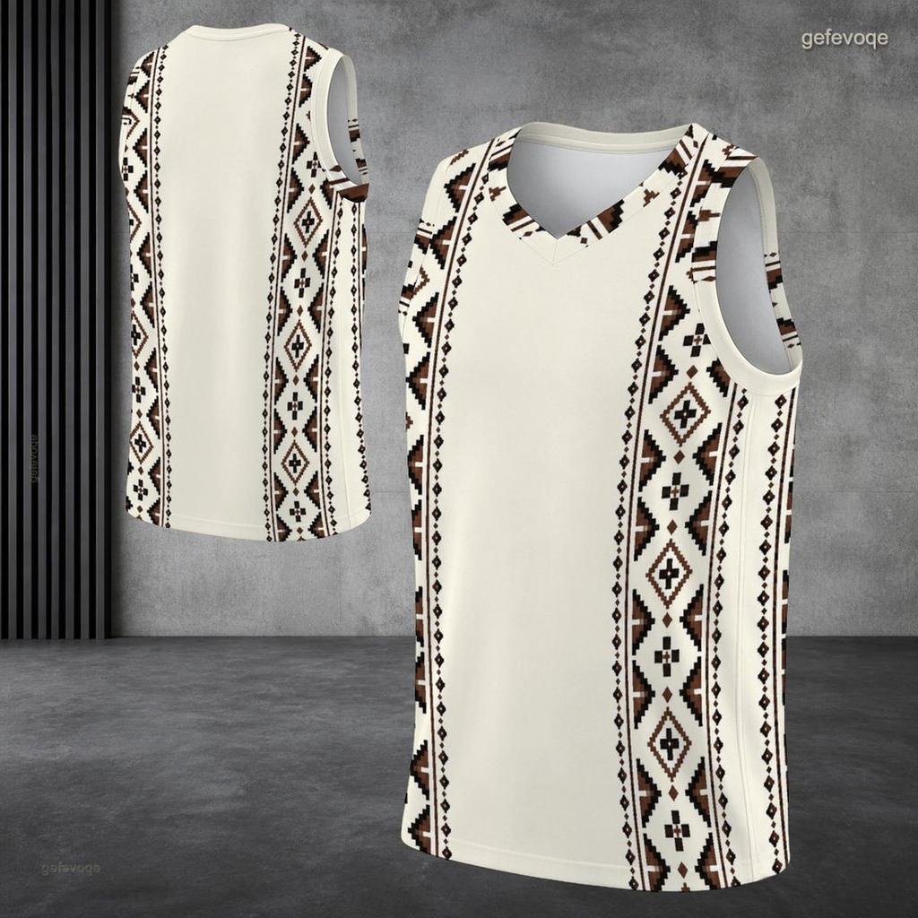 Men s Plus Size V Neck Sleeveless Tank Top Ethnic Geometric Printed Off White