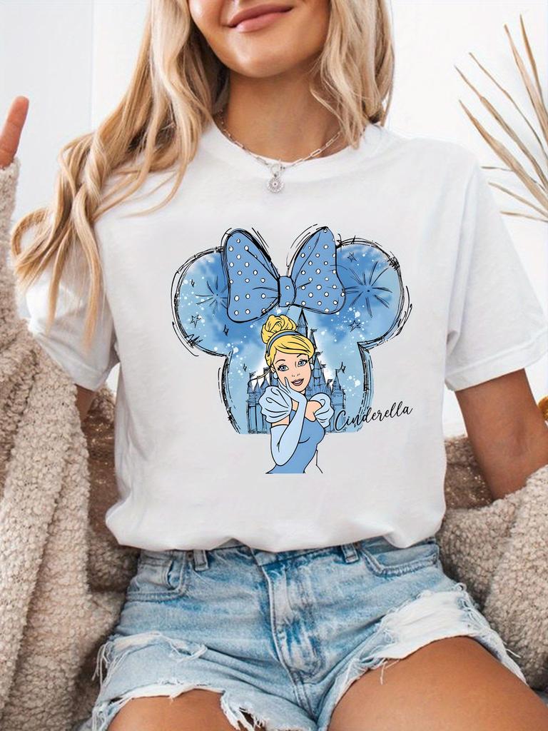 MINISO Disney Cinderella Cartoon Print Short-sleeved Tees Childlike and Cute Style Suitable for Women's Daily and Outing Wear