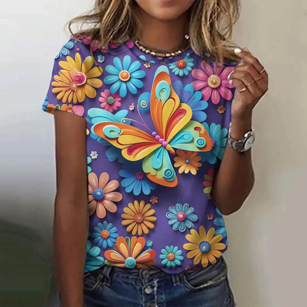 Top Women's Harajuku Short Sleeve 3D T-shirt Women's Butterfly Printed T-shirt