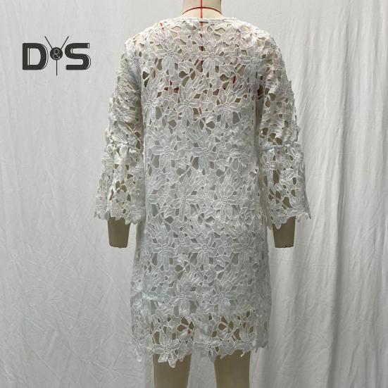 Rochie de toamnă, primăvară, pentru femei, cu dantelă, broderie cu flori, gât rotund, cu mâneci lungi, cu două straturi, culoare solidă, rochie midi etnică lejeră