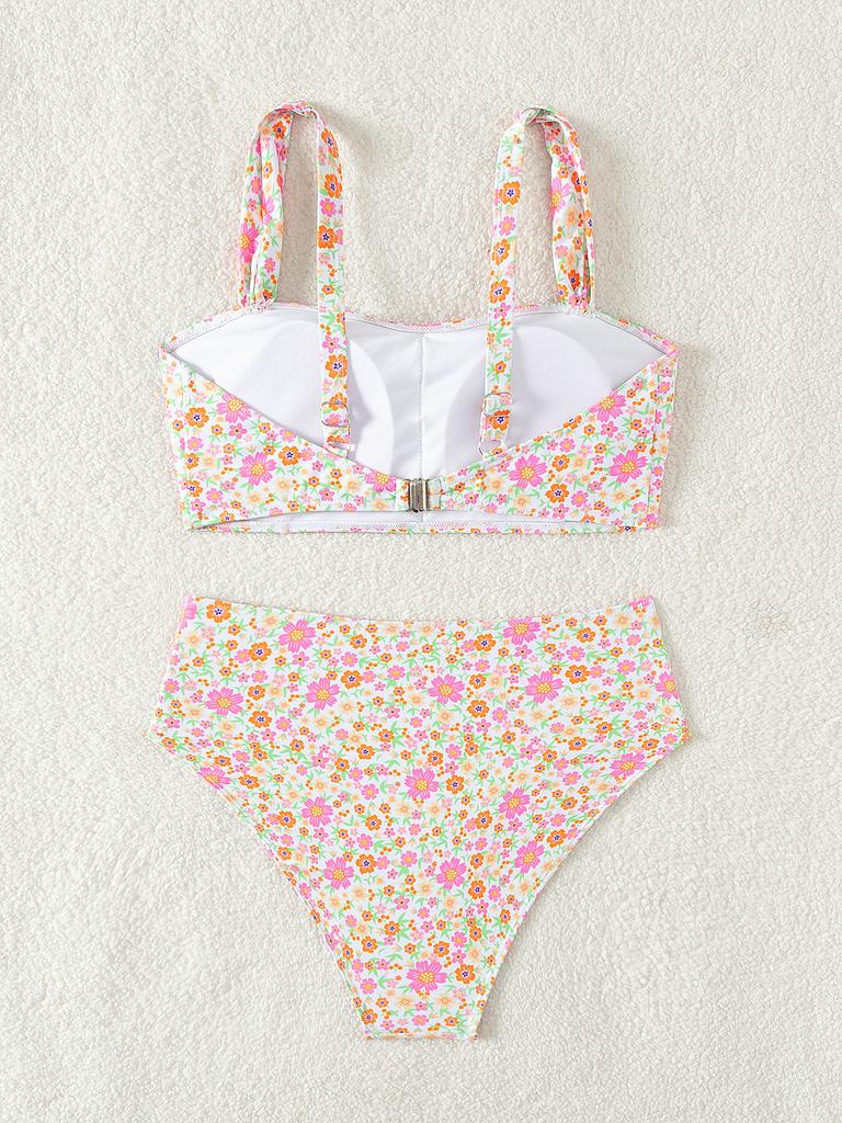 Women's Swimsuit Small Floral Sexy Backless High Waist Bikini Beachwear Bathing Suits