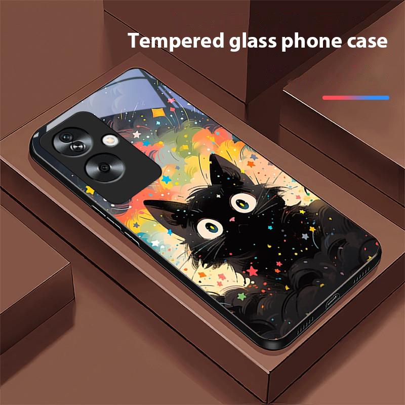 Cute Little Cat Black For Oppo A79 5G 58 78 74 60 4G Reno 11F Realme GT 6 11 Note 50 10 C55 X2 Tempered Glass Black Phone Case