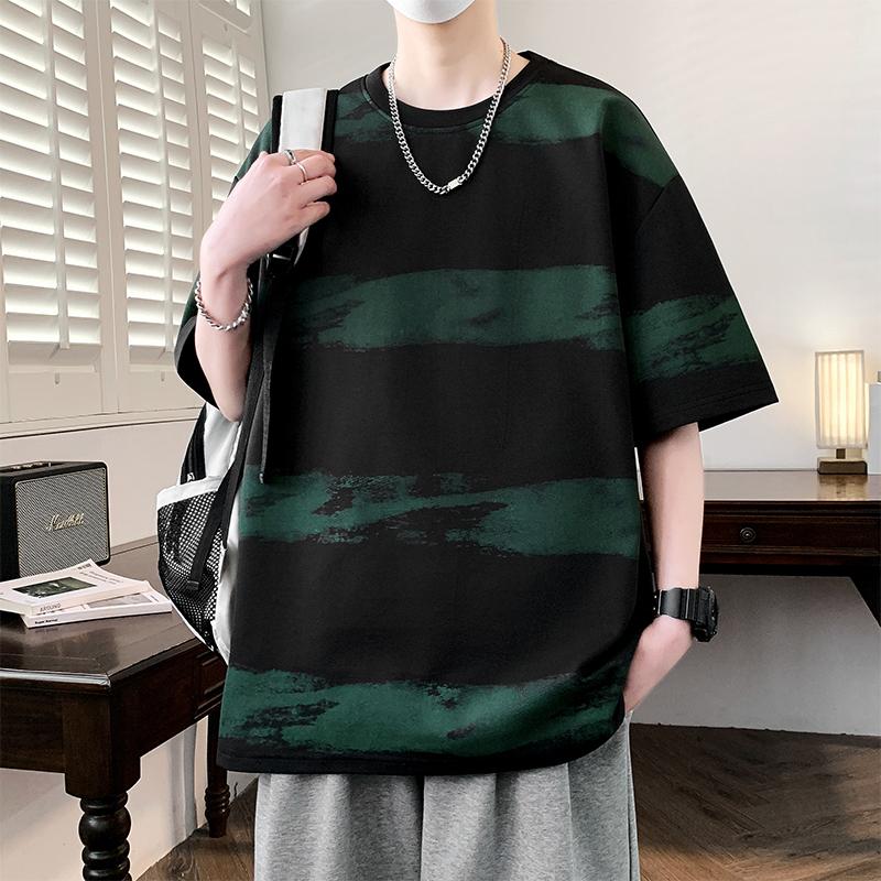 Plus Size Men's Loose-fitting Short-sleeved T-shirt Striped Top Round Neck Half-sleeved Half-sleeved T-shirt