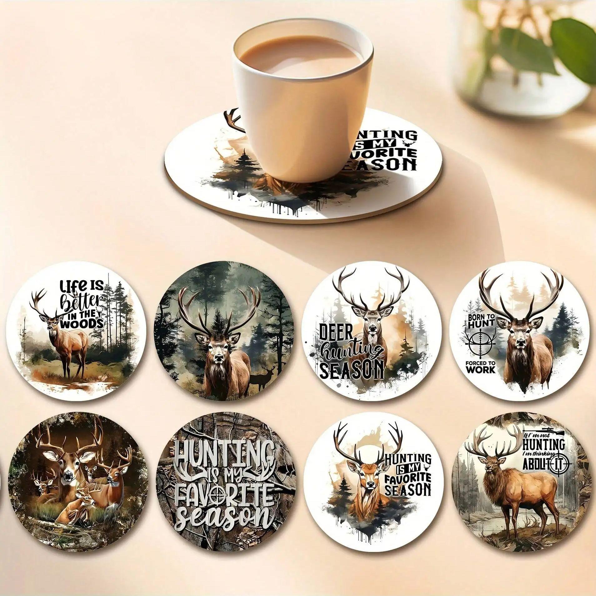 A set of 8-piece deer themed wooden coasters suitable for beverages, coffee, and tea - with a vivid hunting and wildlife theme