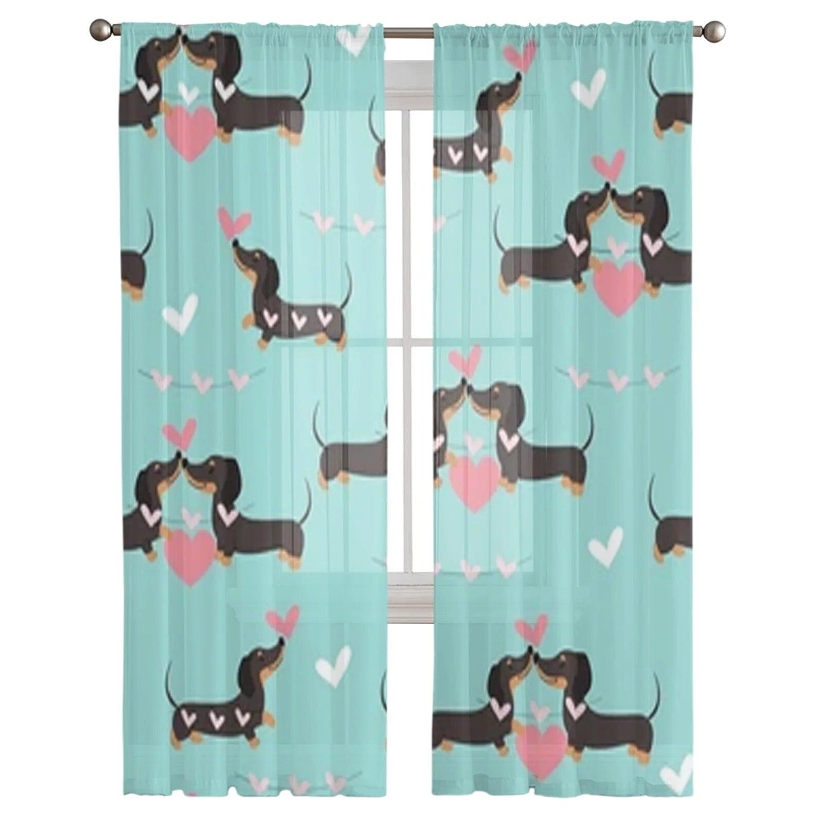 

Прозрачные шторы с изображением собак и сердечек для спальни, вуаль, занавеска для гостиной, окна, прозрачные шторы для кухни, тюлевые шторы 135W x 183H(cm)x2