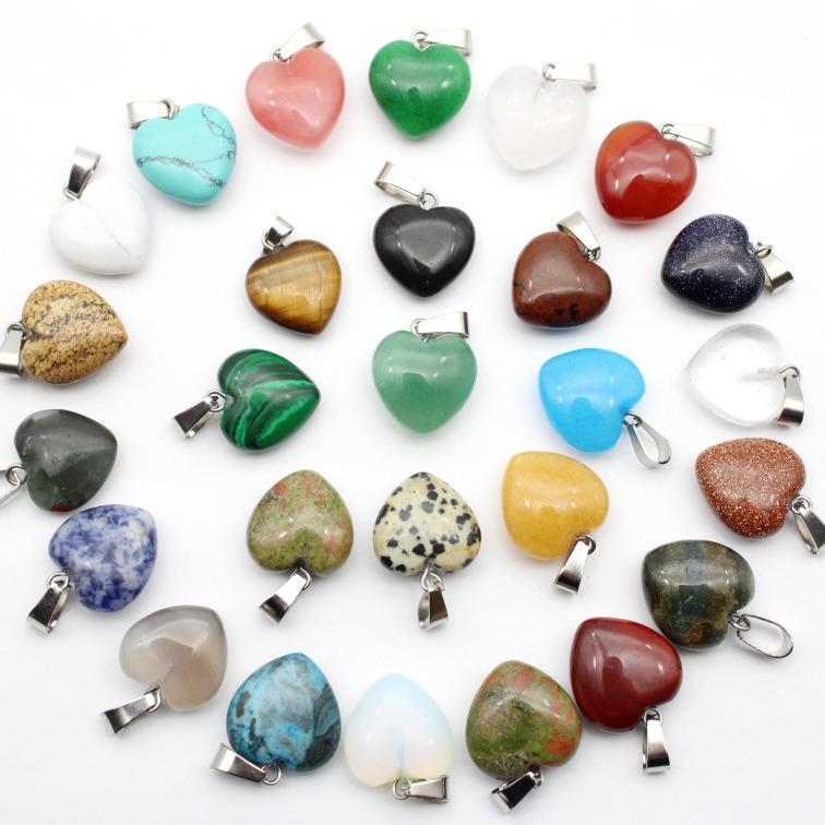 16MM Heart-Shaped Natural Stone Pendant: Amethyst Rose Quartz Green Aventurine Tiger Eye