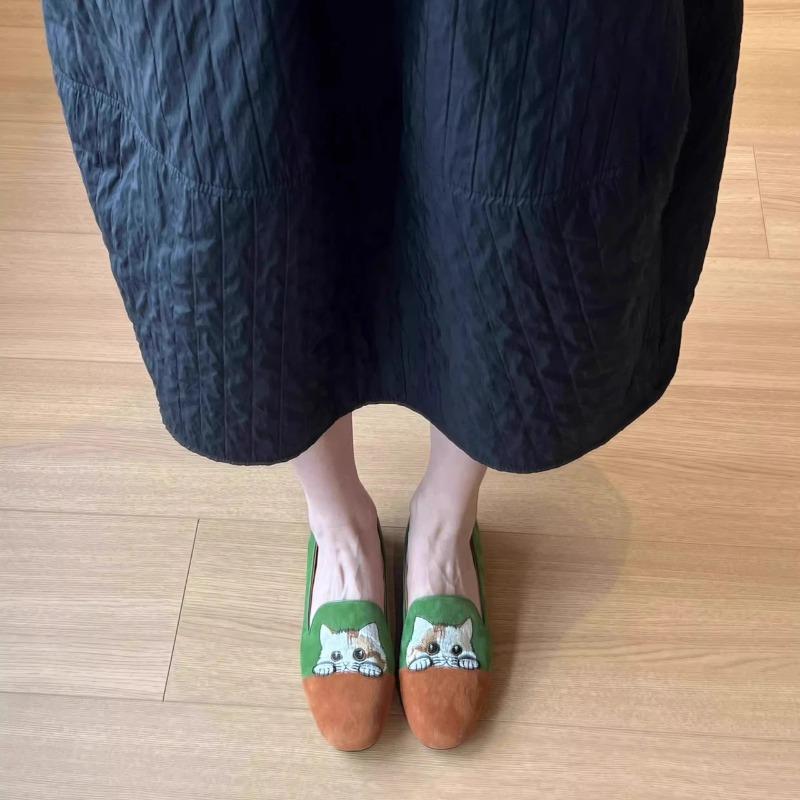 Fashion Colorblock Single Shoes Women Spring New Retro Round Toe Deep Mouth Cute Cat Embroidered Slip-on Soft Sole Flat Shoes