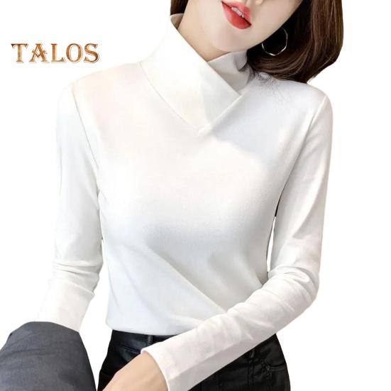 Damen-Oberteile, halbhoher Kragen, lange Ärmel, schmale Passform, weiche, dehnbare Pullover-Oberteile, einfarbiges Hemd mit einzigartigem Ausschnitt