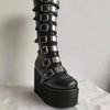 Übergröße 43 Design Plateau Dicke Ferse Mid-Calf Stiefel Damen Punk Cool Gothic Schwarz Schnalle Schuhe Frau Hohe Stiefel Damenstiefel