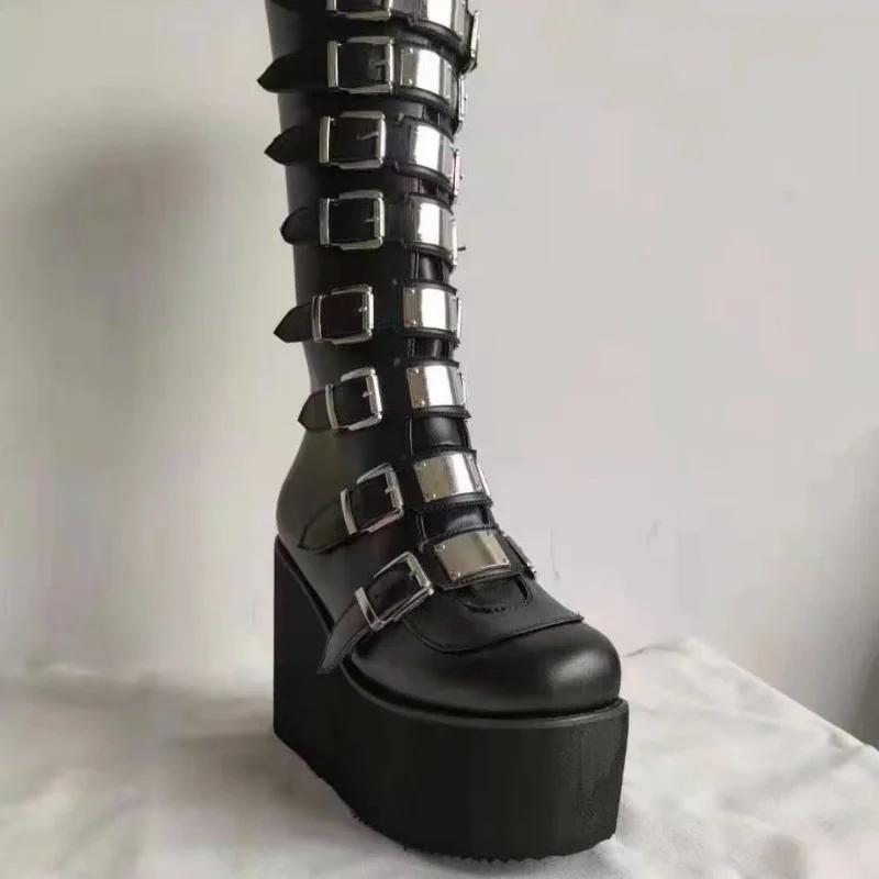 Übergröße 43 Design Plateau Dicke Ferse Mid-Calf Stiefel Damen Punk Cool Gothic Schwarz Schnalle Schuhe Frau Hohe Stiefel Damenstiefel