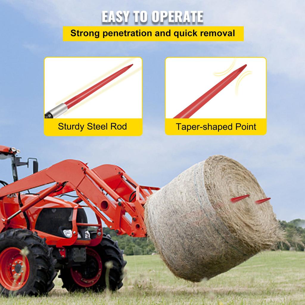 VEVOR Pair Hay Spear 39" Bale Spear 3000 lbs Capacity, Bale Spike Quick Attach Square Hay Bale Spears 1 3/4", Red Coated Bale Forks