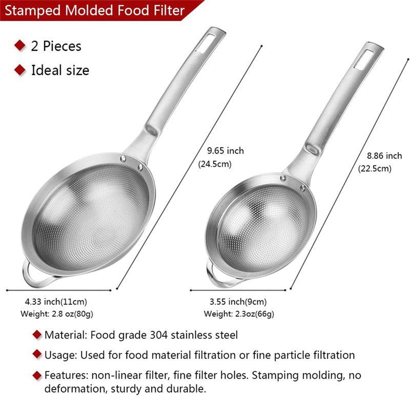AEE2-Punch Hole Sieve Fine Mesh Stainless Steel Small Colander Strainer With Handle Metal Mini Sifter Set Of 2 For Kitchen