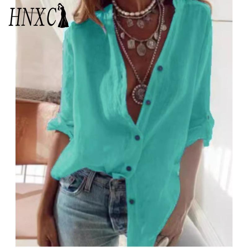 HNXC Women's Fashion Casual Solid Color Print Short Sleeve POLO Neck Blouses & Shirts